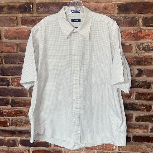 Izod Green Plaid Easy Care Short Sleeve Button Down Poplin Shirt Size 17.5 XL - Picture 1 of 5